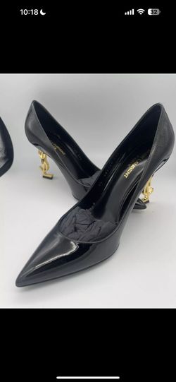 Saint Laurent OPYUM Pointy Toe Black Patent Leather Logo Heel Pumps 38.5 EUR
