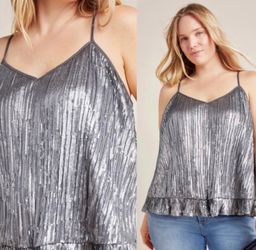 NWT $98 Anthropologie Gray Amelie Beaded Adjustable Pleated Ruffled Hem Cami 14