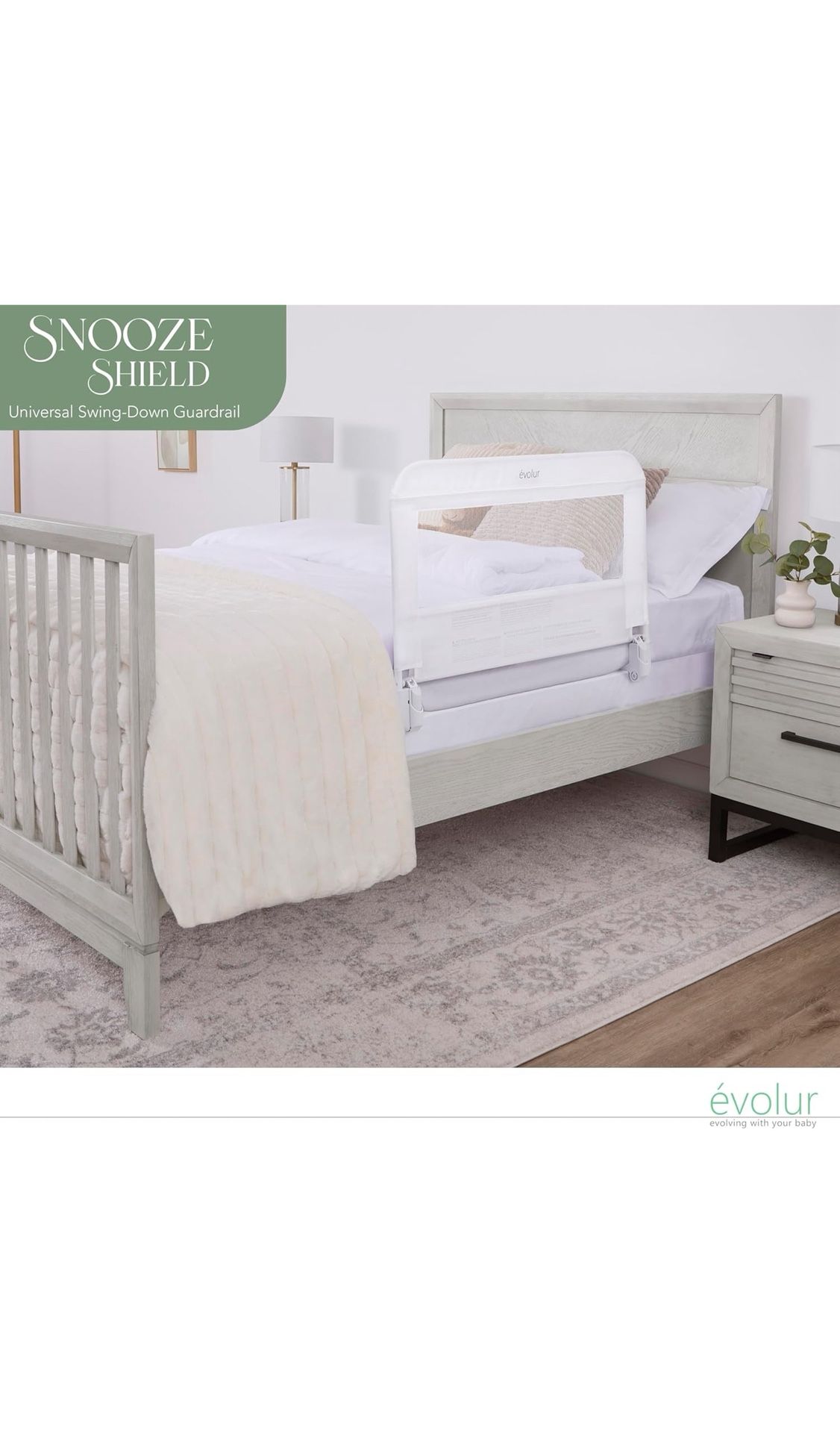 Snooze Shield Universal Swing-Down Guardrail in White, New in Box