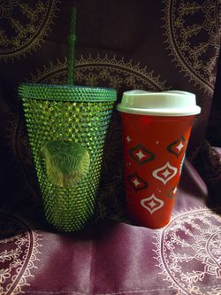 Vintage Green Starbucks Cup and Red Christmas Starbucks cup bundle