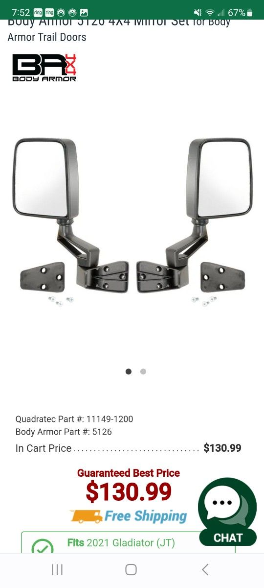 Body ARMOR Mirrors For Metal HALF DOORS Or JK Jeep Wrangler