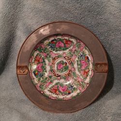 Vintage Chinese Porcelain Metal Famille Rose China Ashtray 7.5" Wide 2" Tall Very Nice Size