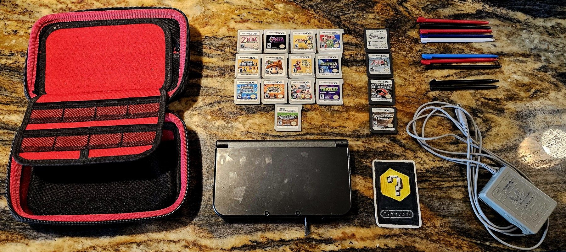 "new" Nintendo 3DS xl, Charcoal Color, With 17 Games, 11 Styli, Charger Popular Titles: Chrono Trigger, Zelda, Mario, Pokémon