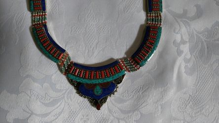 Genuine Turquoise and Coral Sterling Necklace
