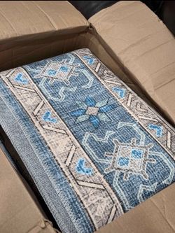 Area Rug 8x10 Non-Slip Washable Beautiful Royal Blue and Beige 💙 (NEW/OPEN)