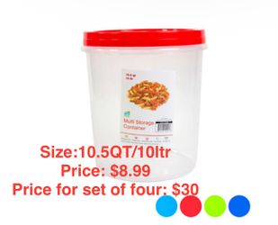 Storage Container 10.5 QT / 10.0L with Screw Top & 4 Color Lids | Clear Bottom | Model #CRYSTAL 9 - 14791