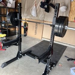 Rogue SM-1 Monster Squat Stand + Safety Arms + Barbell + Bumper Plates