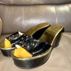 Michael Kors Black And Gold Wedge Slides