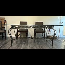 6 Foot dining table Vintage Antique  Glass Top Wrought Iron Base