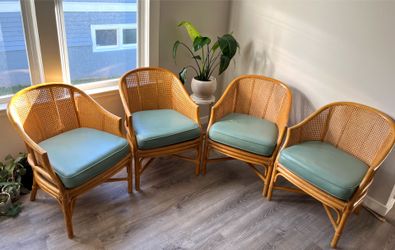 2 Vintage Rattan Cane Barrel Back Arm Chairs | Accent Chairs
