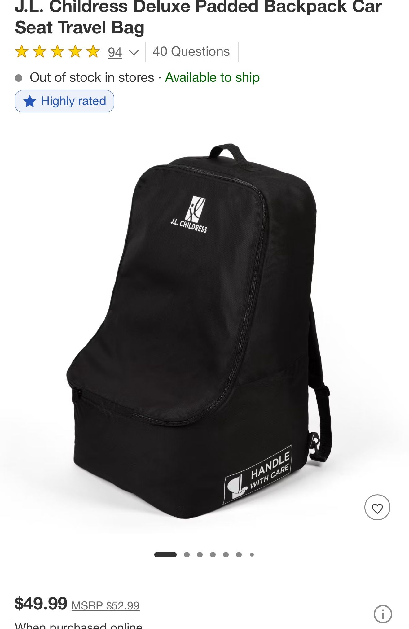 J.L. Childress Deluxe Padded Backpack Car Seat Travel Bag