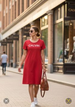 Calvin Klein Women's Size XL Short-Sleeve T-shirt Dress Gold-Toned "CALVIN" Logo. This red Calvin Klein women's short-sleeve t-shirt dress features a
