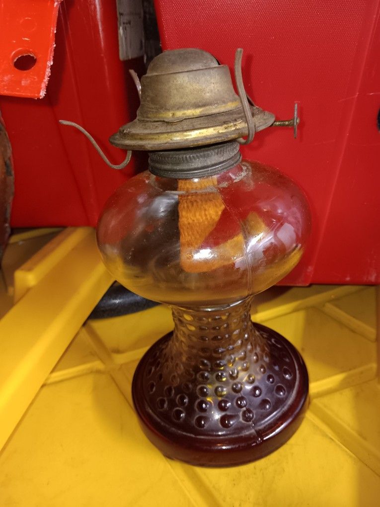 Tall pedestal antique oil lamp , double reservoir/