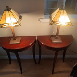 Pair of Tiffany-Style Mission Stained Glass Lamps & Matching Mahogany Demilune End Tables Set