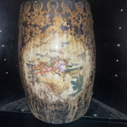 Hand-Painted Asian Floor Vase with Gold Gilt Detailing