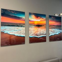 Sunset beach 3 piece tempered glass wall Art 72”x36”
