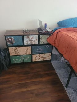 Bed frame (metal, 18"), Mattress, and Dresser