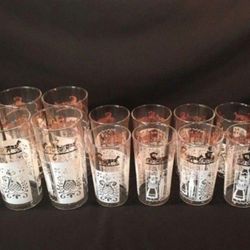 1950s Anchor Hocking glassware Gold n White Pennsylvania Dutch Collection. Tall Tumblers and Juice Glasses.  Antique classics.  SEE FULL AD BELOW