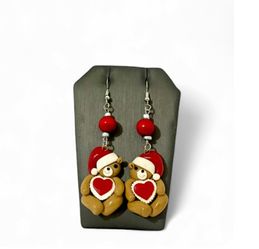 Christmas Teddy Bear Dangle Earrings Cute Holiday Santa Hat Red Heart