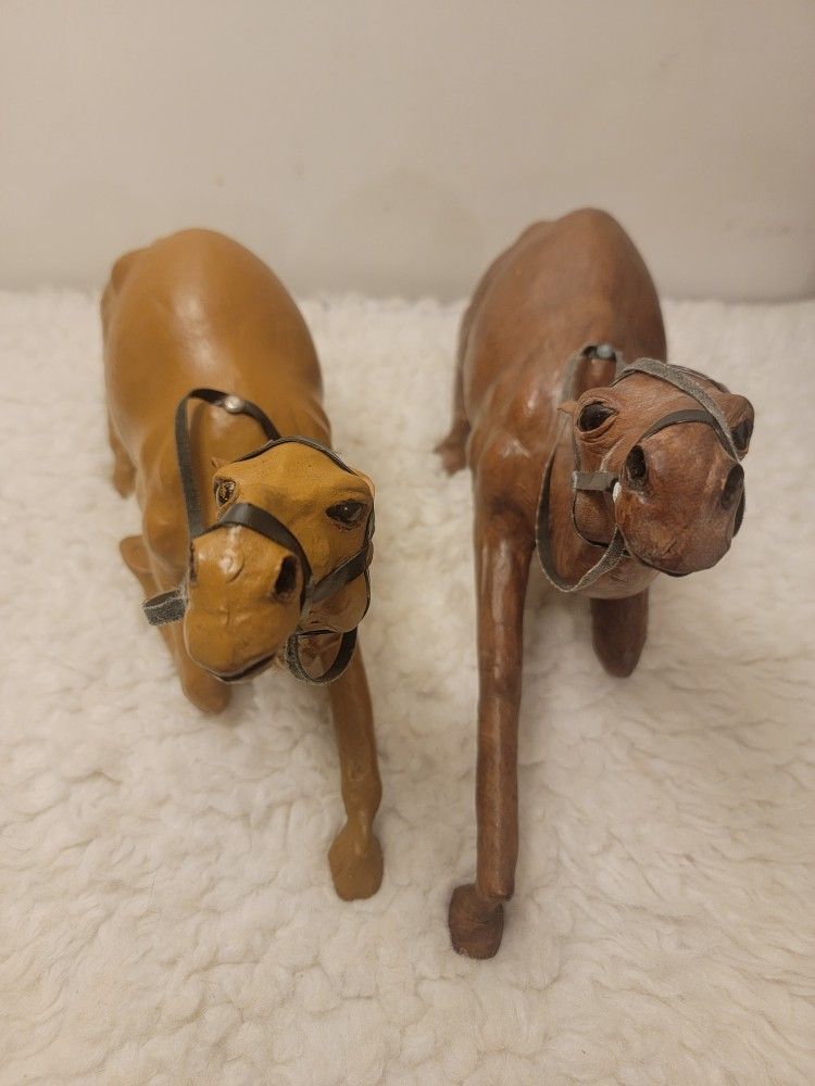 Vintage 1960's Leather Wrapped Decorative Camel Figures Glass Eyes