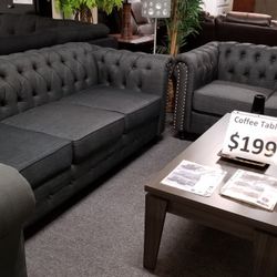 Brand New Green Tufted Linen Sofa + Loveseat 2PCs Set