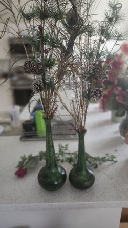 Green Bud Vases with Holiday Floral Picks – Set of 2