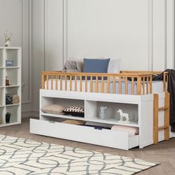 WHITE LIGHT OAK FINISH TWIN SIZE LOFT BED TRUNDLE BOOKCASE CAPTAINS BED