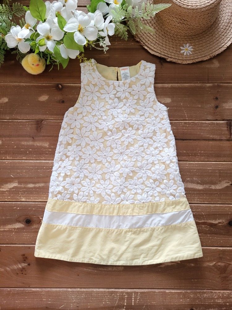 5T PASTEL YELLOW SLEEVELESS WHITE EMBROIDERED FLORAL LACE OVERLAY A-LINE DRESS