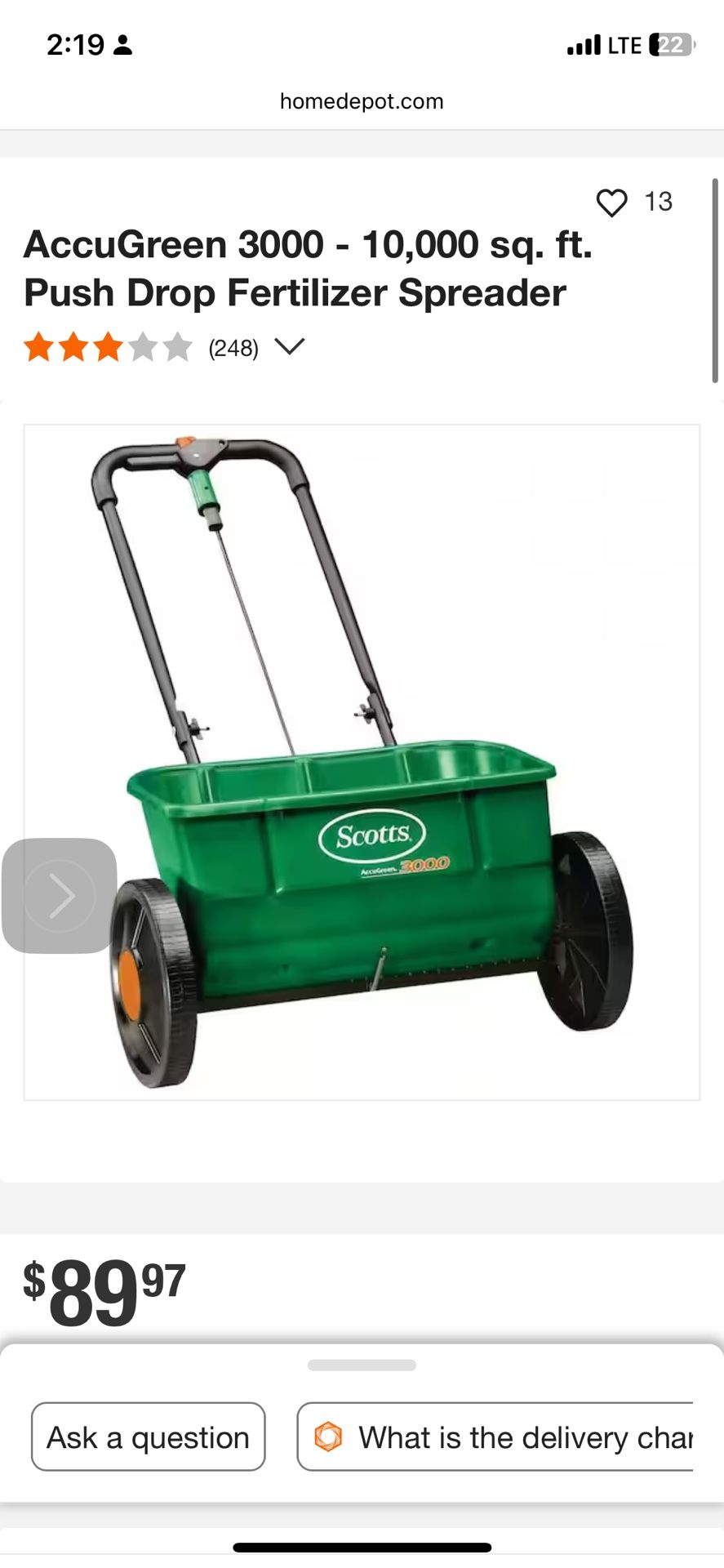 AccuGreen 3000 - 10,000 sq. ft. Push Drop Fertilizer Spreader