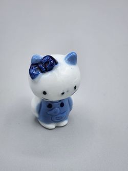 Vintage Porcelain Hello Kitty Figurine Miniature Blue Willow Style Overalls Duck