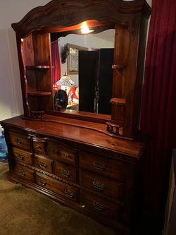 Large Wood Dresser with Mirror and Shelves