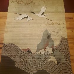 Japanese WALL Art Bamboo Shade Screen Painting Flying Crane Tranquil Ocean Mountain Estate Sale Piece
