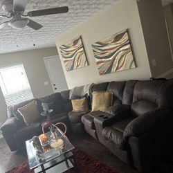 Brown Sectional Sofa With 2 Recliners On The End 