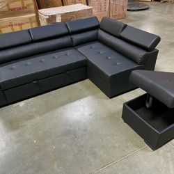 New! Faux Leather Black Sectional Sofa Bed With Storage Ottoman, Sofabed, Sofa Bed, Sectional Sofa, Black Sectional, Sectional Couch, Sofa