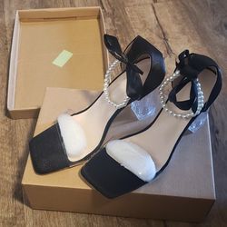 Faux Pearl Clear Strap Chunky Heel Shoe