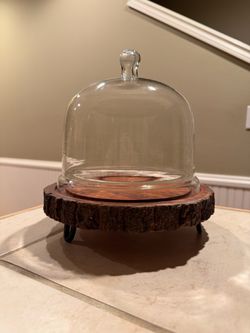 Rustic Wood Serving Dish with Glass Dome