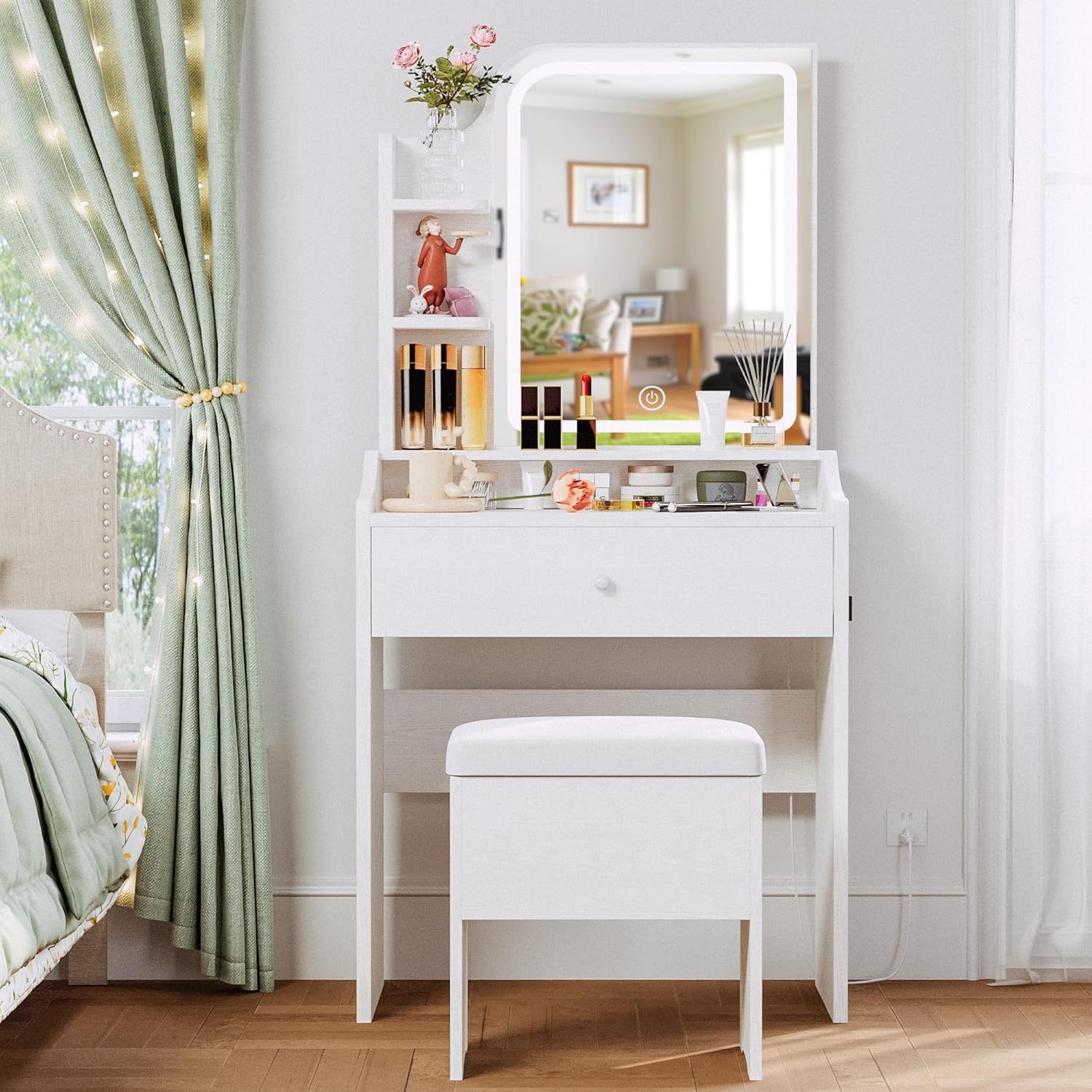 Small Makeup Vanity Desk with Mirror and Lights, Vanity Table Set with Storage Drawer, Chair and Three Shelves, Bedroom, White