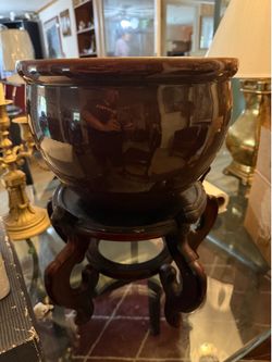 Large Ceramic Planter Bowl with Carved Wood Stand