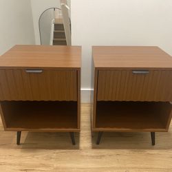 Set Of 2 Fluted Nightstand, Natural Wood Dressers with Drawer And Open Storage 