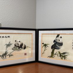 Collector’s Set of 2 Framed Vintage Embroidered Chinese Silk Panda And Bamboo Scenes Signed