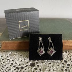 Vintage Avon Faux Amethyst Dangle Earrings Silver Tone