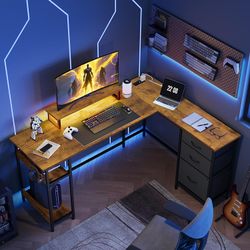 60 Inch L Shaped Gaming Desk with Drawers and Storage, Corner Desk with LED Lights, Power Outlets, Computer Desk with Monitor Stand, Office Desk for H
