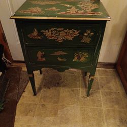 Old Chinese Green/ Gold Gilded 2 Draw Stand 28.5 " Tall 22" Wide Please Look At All Pictures. Does Have Scrapes And Scratches