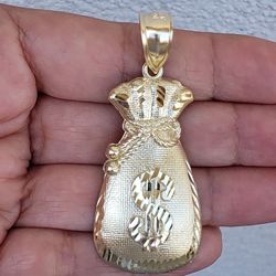 Big Solid 10k yellow gold Money Bag Pendant charm 2.50 inch long diamond cut