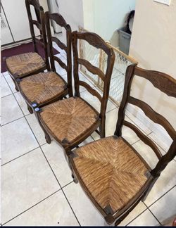 Vintage French Ladder Back Set of 4 Rush Seat Dining Chairs
