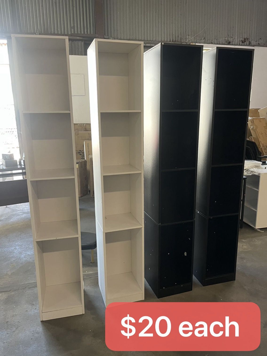 Tall Narrow Bookshelf 4 Tiers, Compact Corner Bookcase, Easy to Match for Living Room, Office, Study, Bedroom, Black&White($20 each)(12”x12”x70”)