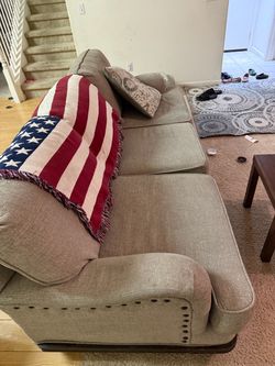 Beige Fabric Sofa with Nailhead Trim