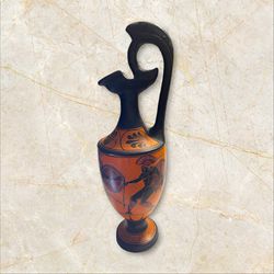Vintage 1950’s Handmade Orange Black Pottery Pitcher Ewer Made In Greece