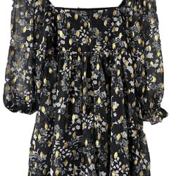 Sweet Lemon Floral Metallic Babydoll Mini Dress - Size S