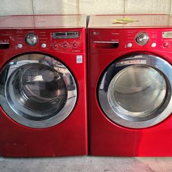 LG Front Loading Washer And Stackable Gas Dryer Set With Steam In Red 
